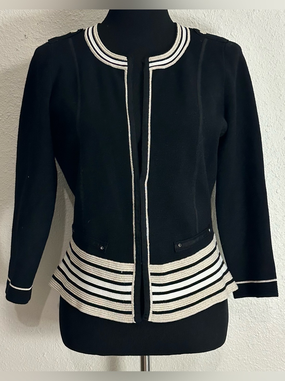 White House Black Market Black Knit Jacket with White Trim